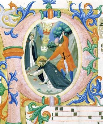 Missal 558 f.68v Historiated initial 'P' depicting the assassination of St. Peter the Martyr from Fra Beato Angelico
