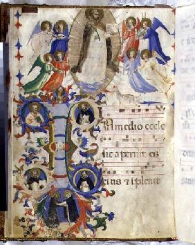 Ms 558 f.67v Page depicting St. Dominic and an historiated initial 'I' from a gradual book from San