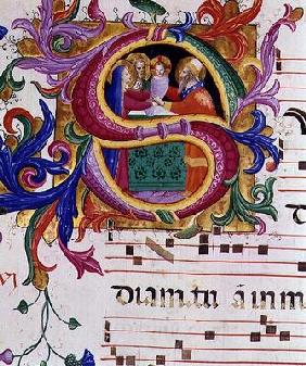 Missal 558 f.73v Historiated initial 'S' depicting the Presentation in the Temple (for detail see 88