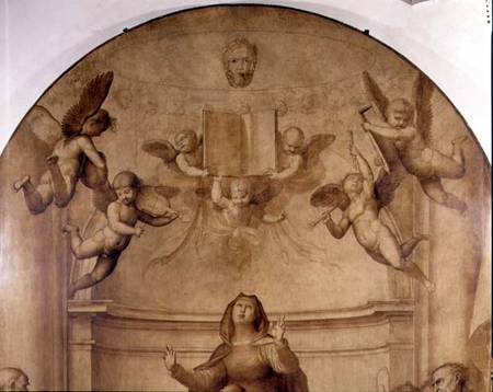 The Great Council Altarpiece, detail depicting musical angels holding aloft a book from Fra Bartolommeo