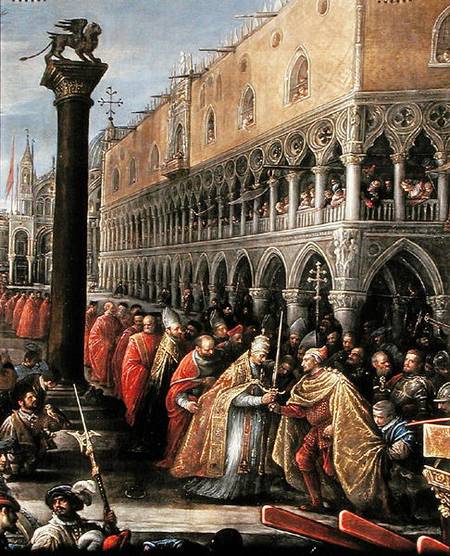 Pope Alexander III, at the head of a procession, presents a sword to a notable Venetian from Francesco da Ponte