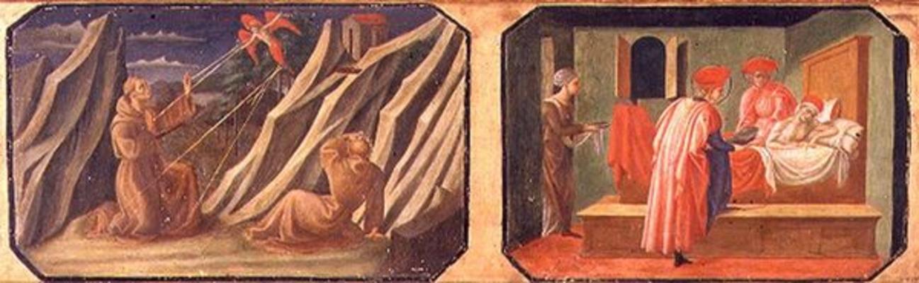 (LtoR) St. Francis of Assisi receiving the stigmata, SS. Cosmas and Damian healing a sick man; copie from Francesco di Stefano Pesellino