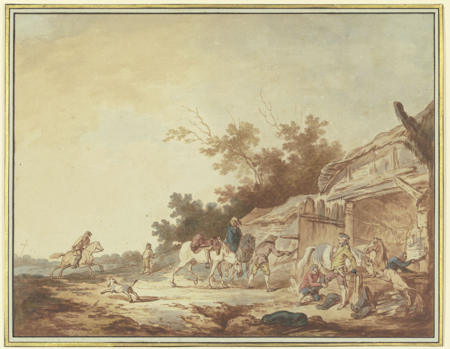 Ein Reisender, dem die Reitstiefel angezogen werden, steht mit seinen Pferden bei einer Tränke vor e from Francesco Giuseppe Casanova
