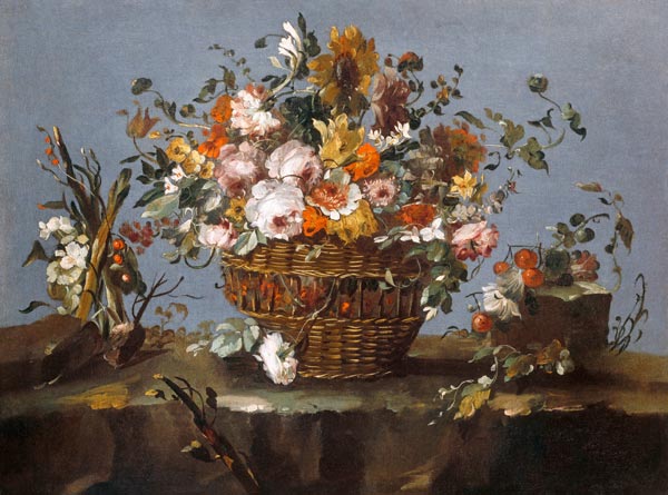Blumen in einem Korb und ein kleiner Zweig mit Kirschen. from Francesco Guardi