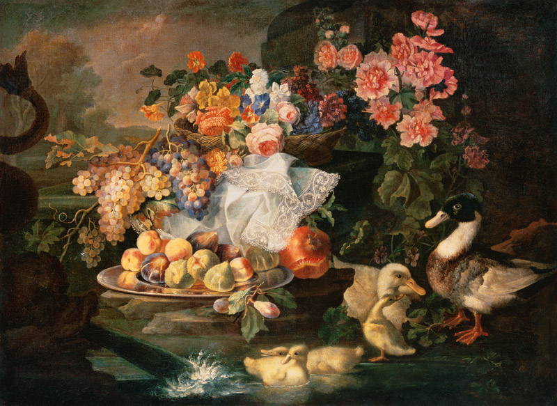 Still Life of Fruit and Flowers with a Duck, Drake and Ducklings from Francesco Morosini