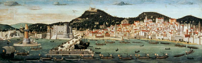 View of Naples depicting the Aragonese fleet re-entering the port after the Battle of Ischia in 1442 from Francesco Rosselli