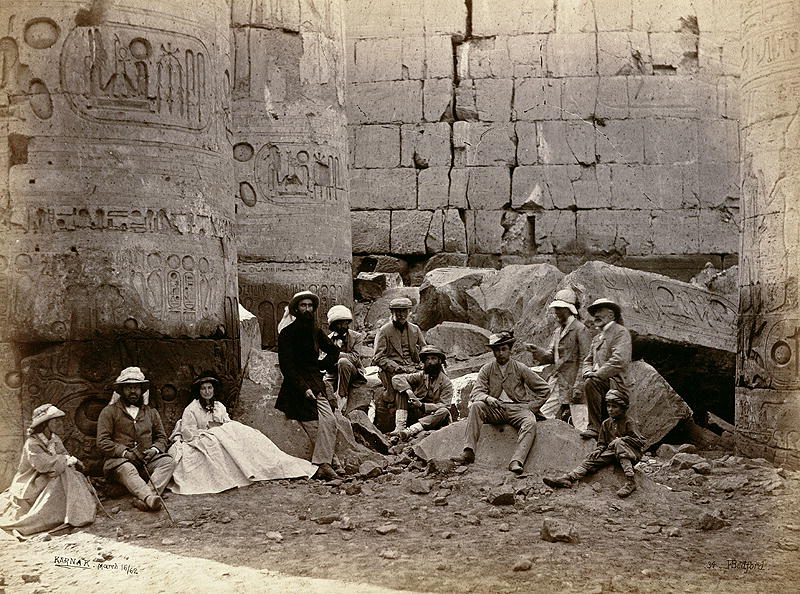 Group photograph in the Hall of Columns, Karnak, Thebes, 1862 (b/w photo)  from Francis Bedford