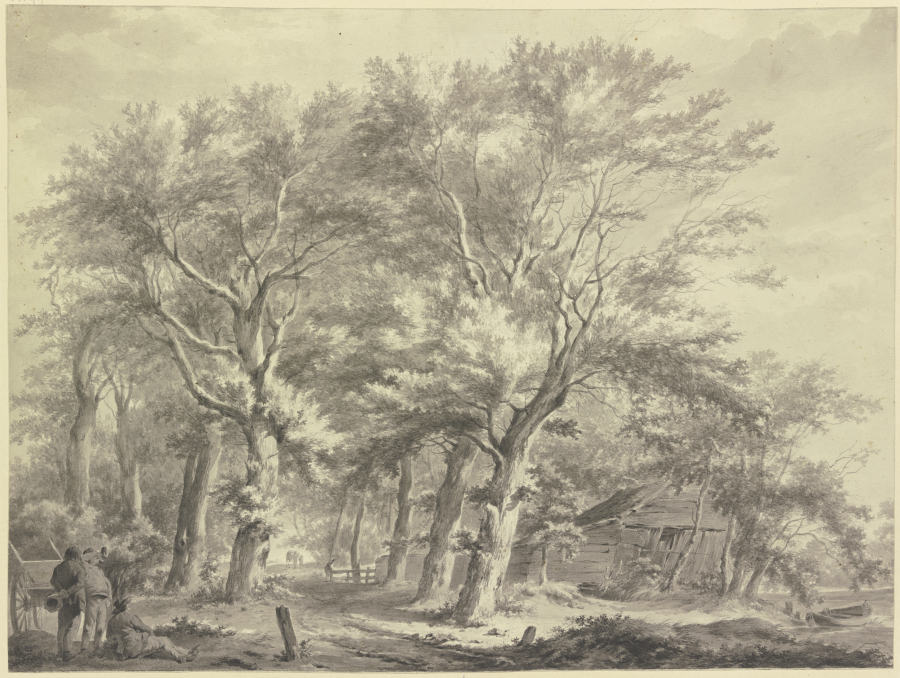 Weg durch einen Wald, rechts eine windschiefe Hütte, links drei Bauern bei einem Wagen from Franciscus Andreas Milatz