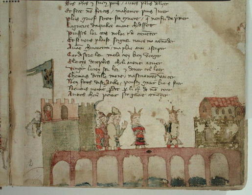 Ms Est 27 W 8.17 f.2r A Meeting on a Bridge, from 'The War of Attila' by Nicola da Casola (vellum) from Franco-Italian School, (15th century)