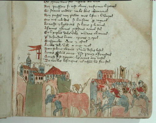 Ms Est 27 W 8.17 f.6r Peasants entering a town with their cattle and the arrival of Attila's army, f from Franco-Italian School, (15th century)