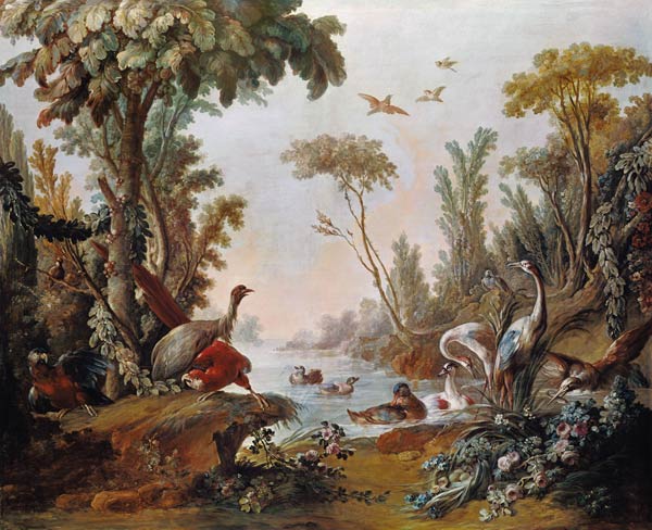 Lake with geese, storks, parrots and herons from François Boucher