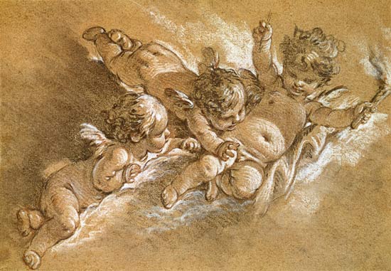 Three putti in clouds from François Boucher