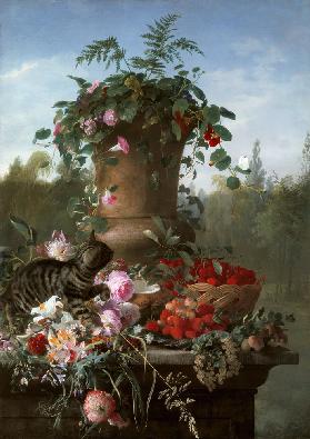 Still Life of Flowers and Fruit on a Stone Ledge