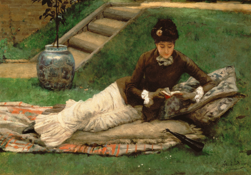 The Novel, A Lady in a Garden reading a book from Frank Dicey