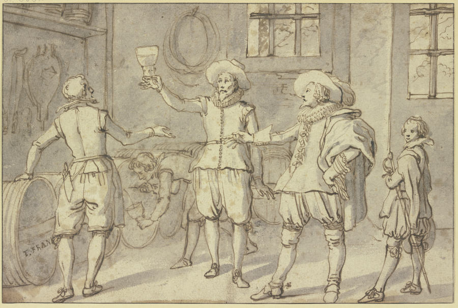 Ein Kavalier gefolgt von seinem Pagen, der seinen Degen trägt, lässt in einem Keller Wein probieren from Frans Francken I