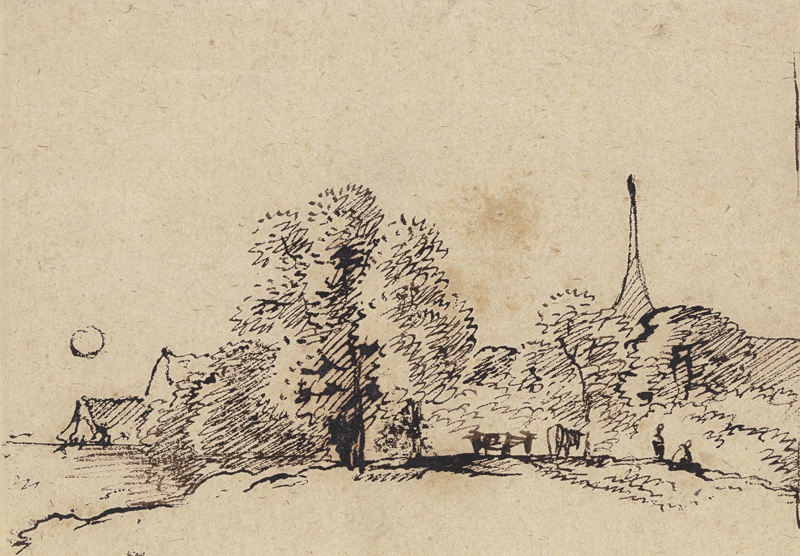 Weidelandschaft bei tiefstehender Sonne mit einem von Bäumen verdeckten Dorf mit spitzem Kirchturm from Franz Innocenz Josef Kobell