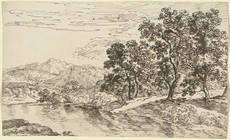 Baumbestandenes Flussufer, im Hintergrund Gebirgszug from Franz Innocenz Josef Kobell