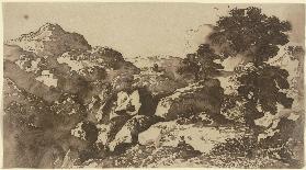 Berglandschaft mit weidenden Schafen, im Mittelgrund eine Burg