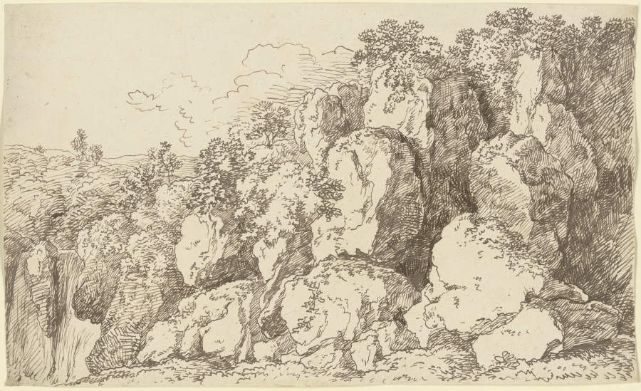 Bewachsene Felspartie, links ein Wasserfall from Franz Innocenz Josef Kobell