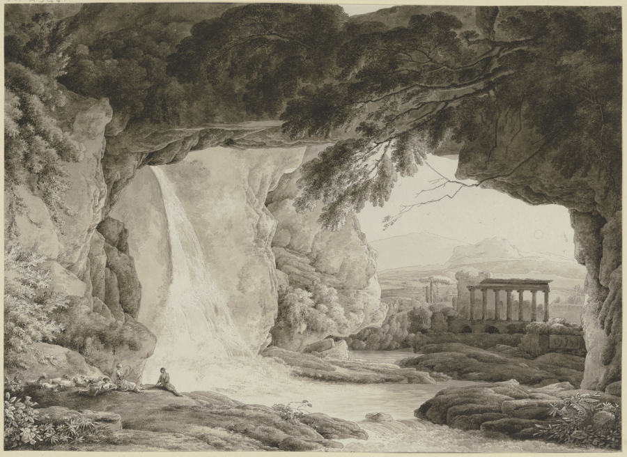 Blick aus einer Felsenhöhle auf eine antike Tempelruine from Franz Innocenz Josef Kobell