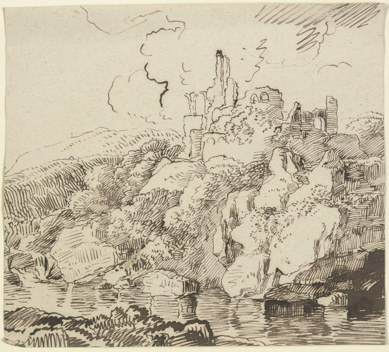 Burgruine auf zerklüfteter Felspartie an einem Gewässer from Franz Innocenz Josef Kobell