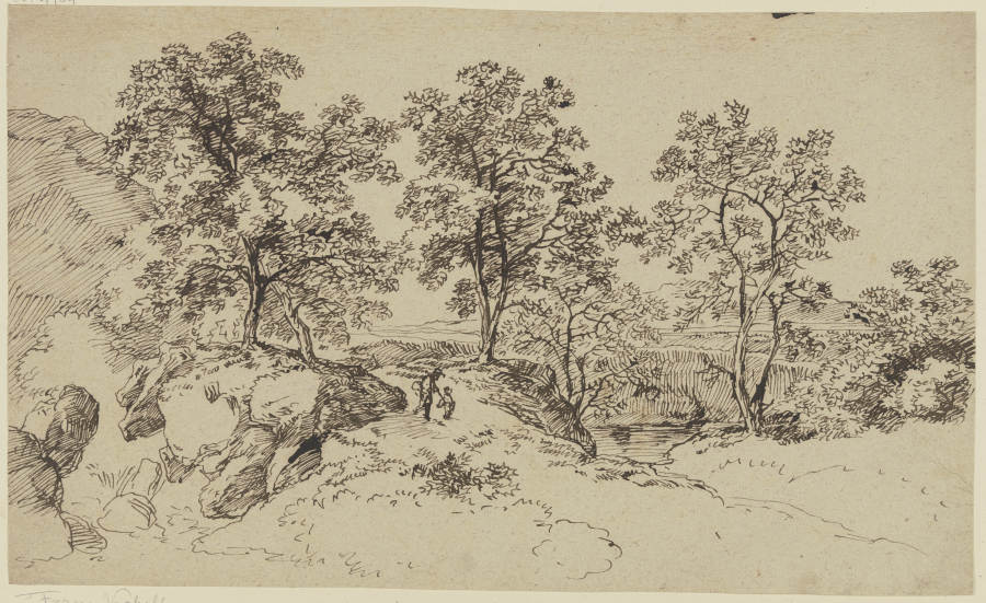 Ein Mann und ein Kind auf einem Weg unter Bäumen from Franz Innocenz Josef Kobell