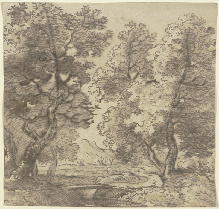 Ein Wald, durch den ein Weg mit einem Steg über einen Bachlauf in eine Ebene hinausführt from Franz Innocenz Josef Kobell