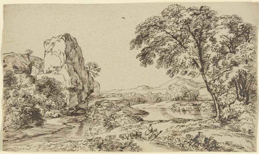 Felsturm an einem Gewässer, im Vordergrund weidendes Vieh from Franz Innocenz Josef Kobell