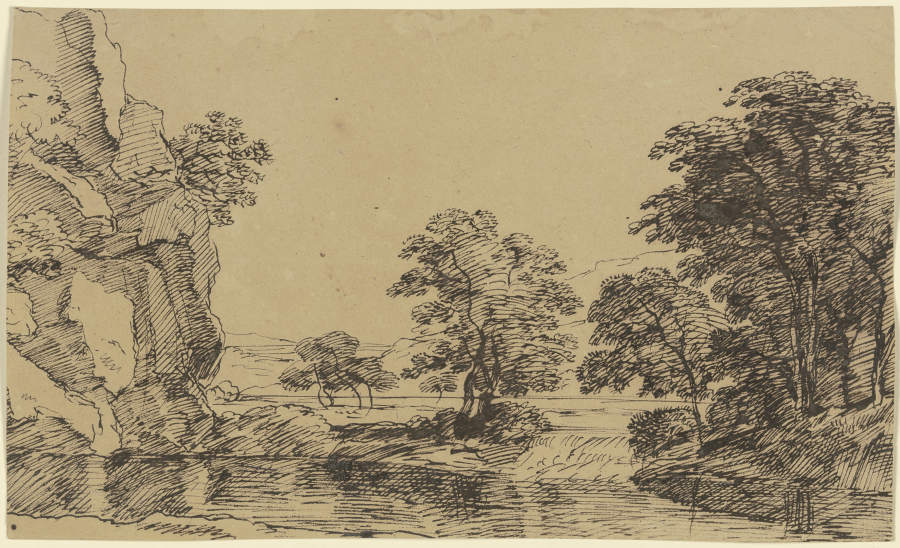 Felswand an einem Gewässer, rechts Ausblick auf Bäume und Berge from Franz Innocenz Josef Kobell
