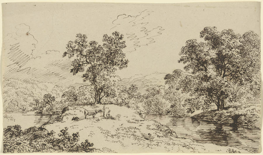 Flusslandschaft, im Vordergrund zwei Gestalten mit einem ins Joch gespannten Ochsen, etwas ziehend from Franz Innocenz Josef Kobell