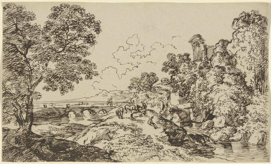 Flusslandschaft mit weidender Herde, im Mittelgrund eine Brücke und die Ruine eines Monopteros from Franz Innocenz Josef Kobell