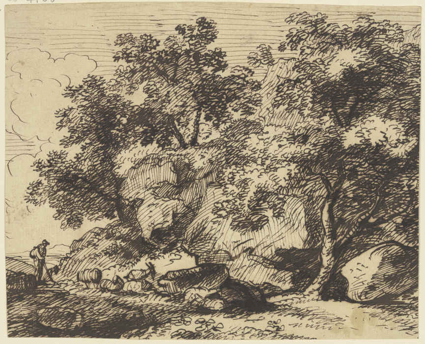Hirt und Herde in felsiger Landschaft mit Bäumen from Franz Innocenz Josef Kobell