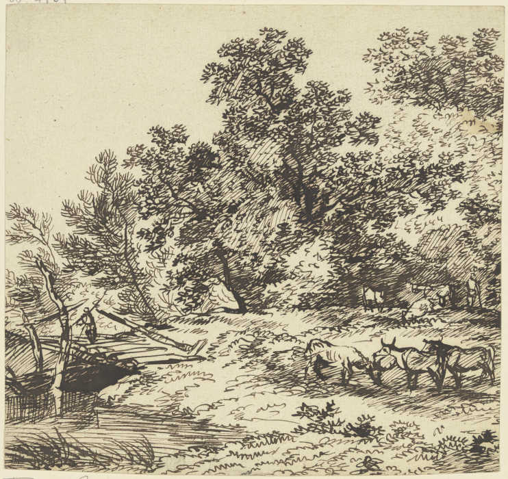Hirt und Herde unter Bäumen, links eine Brücke from Franz Innocenz Josef Kobell
