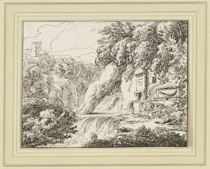 Landschaft mit Wasserfall, rechts ein Epitaph sowie ein Sarkophag from Franz Innocenz Josef Kobell