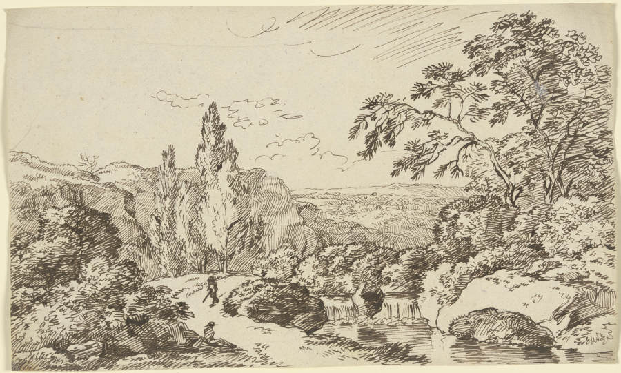 Weg entlang eines Wasserlaufes, im Hintergrund eine waldbestandene Ebene from Franz Innocenz Josef Kobell
