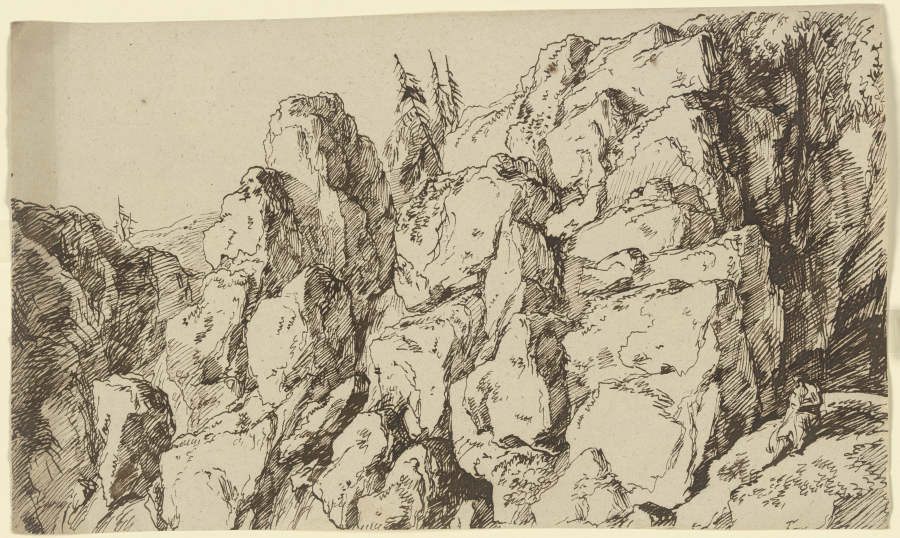 Zerklüftete Felswand, vorne rechts eine am Hang sitzende Gewandfigur from Franz Innocenz Josef Kobell