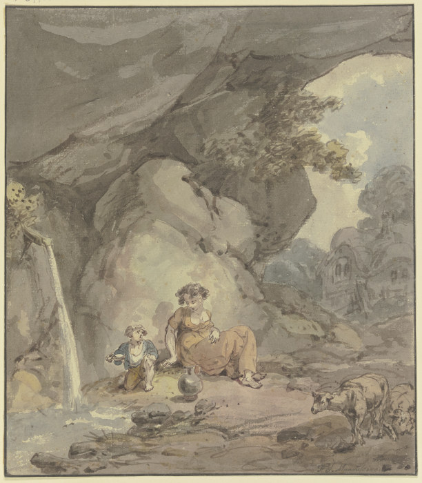 Junge Frau mit ihrem Kind an einer Felsenquelle rastend, rechts zwei Schafe from Franz Joseph Manskirsch