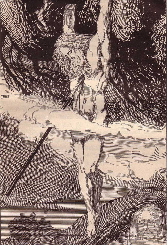 Odin hängt im Weltenbaum Yggdrasil. Illustration für "Die Edda. Germanische Götter- und Heldensagen" from Franz Stassen