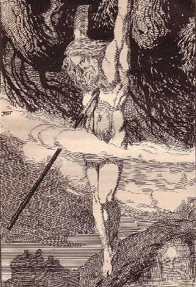 Odin hängt im Weltenbaum Yggdrasil. Illustration für "Die Edda. Germanische Götter- und Heldensagen"