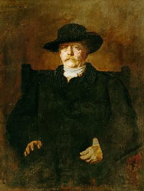 Bildnis Otto von Bismarck in Zivil mit breitkrempigem Hut.