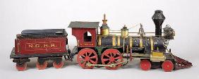 Railroad engine & tender model, 1877 (wood & metal)