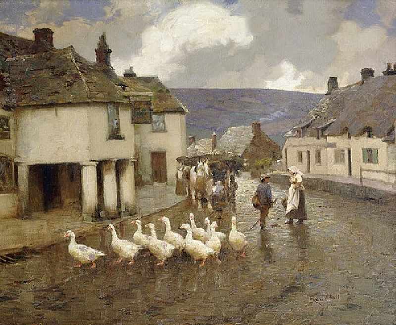 A flock of goose in front of the Greyhound Pub at Corfe Castle, Dorset from Fred Hall