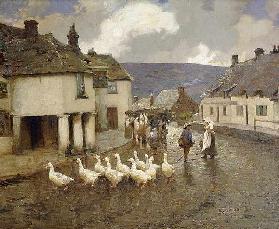 A flock of goose in front of the Greyhound Pub at Corfe Castle, Dorset