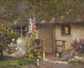 Hollyhocks at the Cottage Door (oil on canvas)