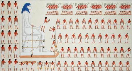 A wall painting at Beni Hasan depicting the moving of a colossal statue of a Pharaoh (colour litho) from Frederic Cailliaud