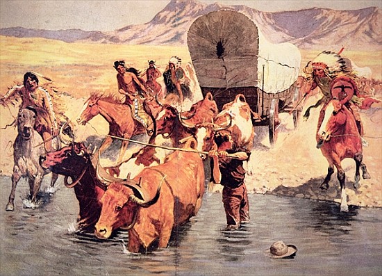 Indians attacking a pioneer wagon train from Frederic Remington