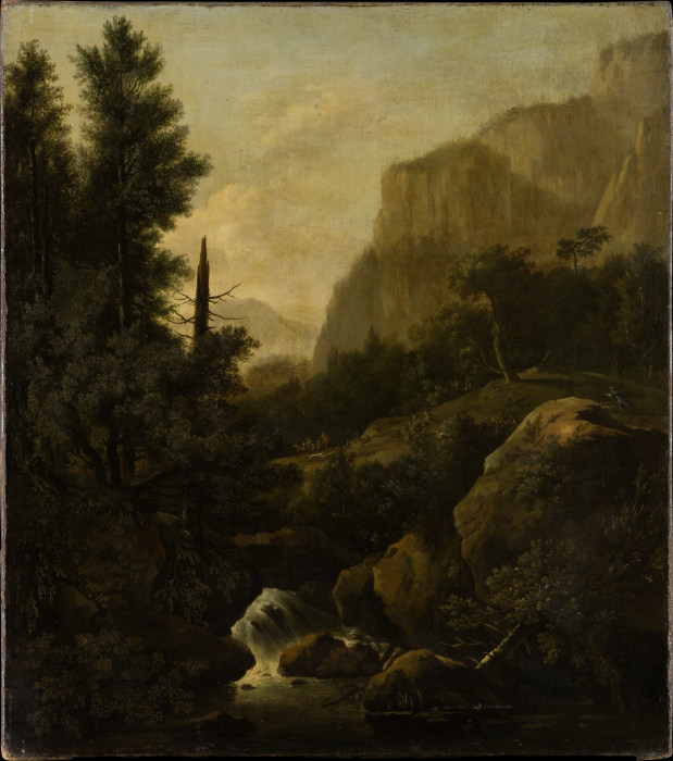Gebirgslandschaft mit einer Hirschjagd bei einem Wasserfall from Frederik de Moucheron