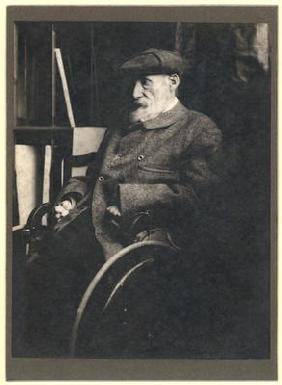 Auguste Renoir (1841-1919) in a wheelchair (b/w photo)