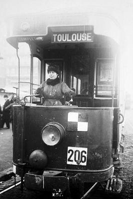Woman driving a tram in Toulouse during World War One, 1914-18 (b/w photo) from French Photographer, (20th century)