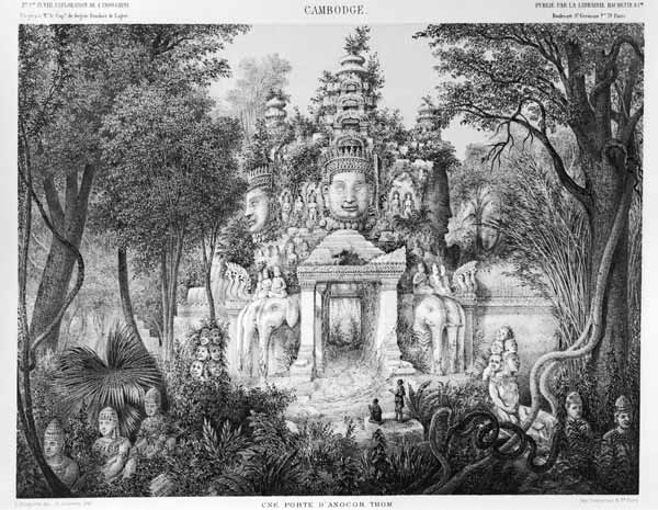 Doorway of Angkor Thom, illustration from 'Atlas du voyage d'exploration en Indochine, 1866-68' by D from French School